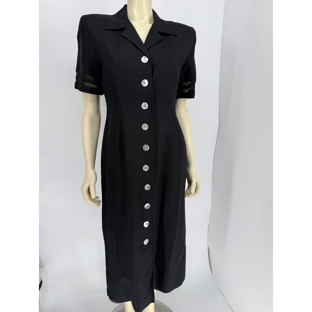 Vintage 90s Jessica Howard Linen Rayon Black‎ Midi Dress Shell Buttons USA 10
